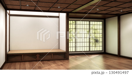 Shelf wall room zen style and decoraion wooden design, earth tone.3D rendering Shelf wall room zen style and decoraion wooden design, earth tone.3D rendering 130491497