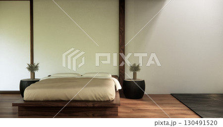 Japanese Minimalist Bedroom Interior with Wooden Wall Panels, Platform Bed, and Zen Lighting Design.3D rendering Japanese Minimalist Bedroom Interior with Wooden Wall Panels, Platform Bed, and Zen Lighting Design.3D rendering 130491520