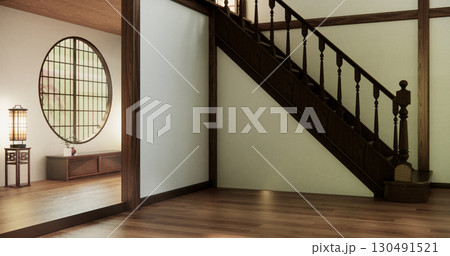 Japanese room with wooden stairs in old room is a traditional Japanese style design. 3D rendering. Japanese room with wooden stairs in old room is a traditional Japanese style design. 3D rendering. 130491521
