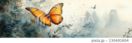 Vibrant Orange Butterfly Amidst Misty Landscape with Mountains and Delicate Foliage Vibrant Orange Butterfly Amidst Misty Landscape with Mountains and Delicate Foliage 130491604