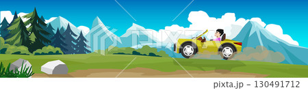 Horizontal or horizontal sport car yellow color with driving man. Driving up to hills with speed and dust. Green meadow with stone. Background of pine forest and big mountains. Under blue sky. 130491712