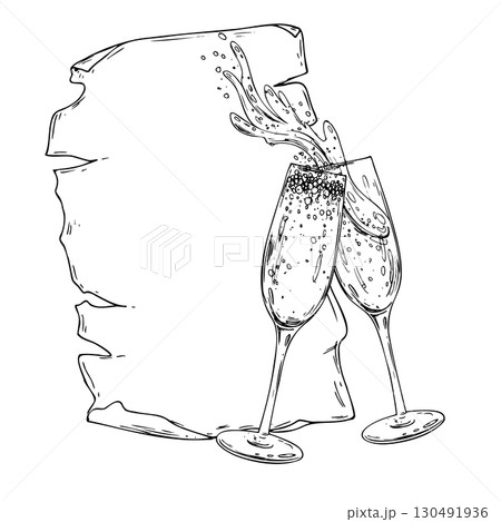 Elegant monochrome Christmas template with champagne glasses and festive scroll, detailed hand drawn line art ink illustration, black and white holiday frame for cards and invitations. 130491936