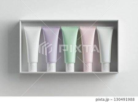 Colorful tubes on shelf 130491988