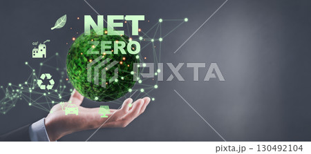 hand with icons Net Zero and carbon neutral  concept  in the hand with icons, natural and environment concept 130492104