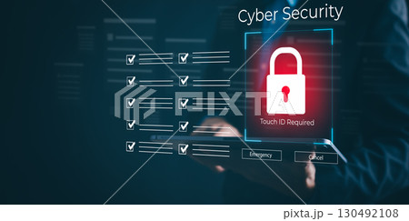 Cyber security and Security password login online concept  Hands typing and touch ID username and password of social media, log in with computer to online Important information, data protection hacker 130492108