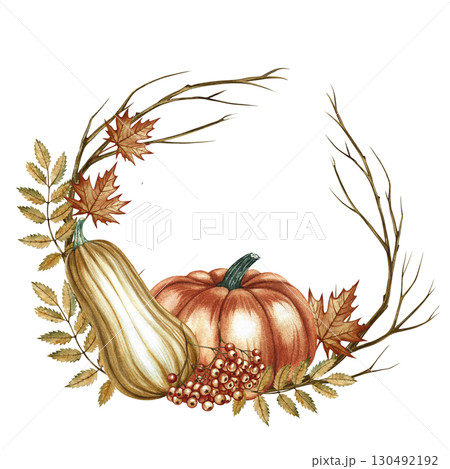 A round autumn composition with pumpkin and plant elements. Hand-drawn watercolor illustration. For greeting and invitation cards for autumn holidays, Harvest Day, Thanksgiving, Halloween, and others. 130492192