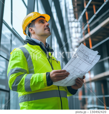 Professional engineer wearing high visibility jacket and hardhat examining blueprints on a construction site, ensuring project compliance and safety regulations 130492420