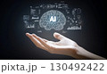 Open hand holding a virtual human brain with ai symbol surrounded by digital data, charts and graphs, representing artificial intelligence, machine learning and data analysis 130492422