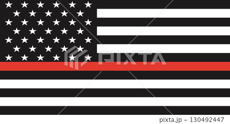 American red line firefighter flag. Red line fire honor and respect law United States enforcement flag. 130492447