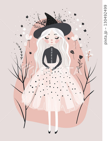 Little fairy witch, girl in long dress in autumn mystical forest. Vector illustration. Halloween and magic concept. 130492499