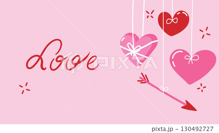 Happy Valentine s day background template with hanging hearts s and arrow for poster or banner. Place for text. Happy Valentine s day background template with hanging hearts s and arrow for poster or banner. Place for text. 130492727