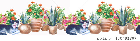 Watercolor seamless border with a yawning black and white cat, various clay pots with red and pink flowers and aloe vera. The watercolor illustration is highlighted on a white background. The template Watercolor seamless border with a yawning black and white cat, various clay pots with red and pink flowers and aloe vera. The watercolor illustration is highlighted on a white background. The template 130492807