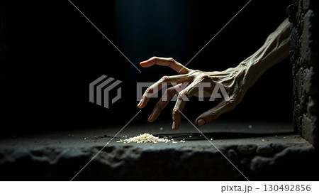 Creepy skeletal hand of a preta reaching for scattered rice in dark stone chamber. 130492856