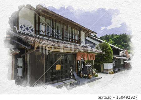 水彩画風　吹屋の町並み　長尾醤油酒店　岡山県高梁市 130492927