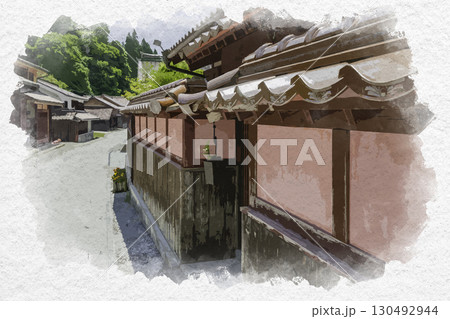 水彩画風　吹屋の町並み　岡山県高梁市 130492944