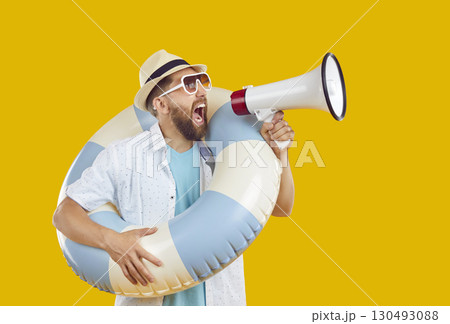 Man with inflatable ring and loudspeaker making announcement about summer holiday sale Man with inflatable ring and loudspeaker making announcement about summer holiday sale 130493088
