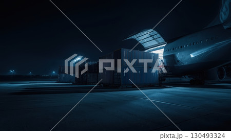 Cargo airplane loaded with shipping containers beneath bright floodlit night sky 130493324