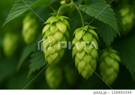 Close-up of fresh green hops with detailed structures, ready for brewing Close-up of fresh green hops with detailed structures, ready for brewing 130493344