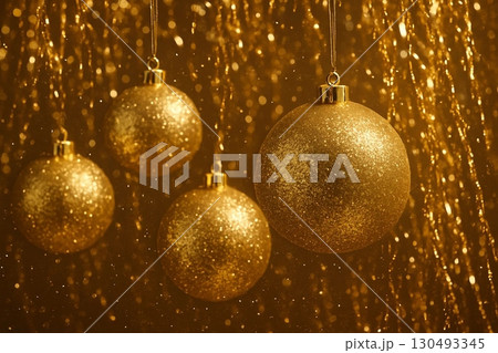 Rotating Golden Christmas Ornaments with Falling Tinsel Rotating Golden Christmas Ornaments with Falling Tinsel 130493345