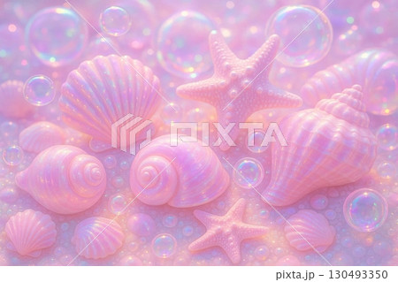 Dreamy Pastel Seashells and Starfish with Iridescent Bubbles Underwater 130493350