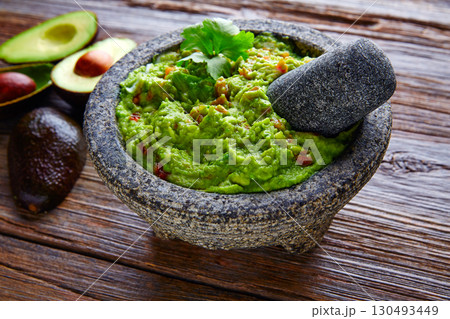 avocado Guacamole on molcajete real Mexican 130493449