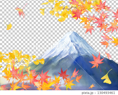 Autumn leaves and Mount Fuji view with a transparent background. Watercolor illustration. 130493461