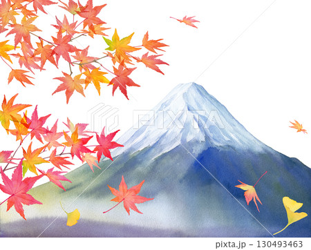 背景を透過した、秋の紅葉と富士山の景色。水彩イラスト。 130493463