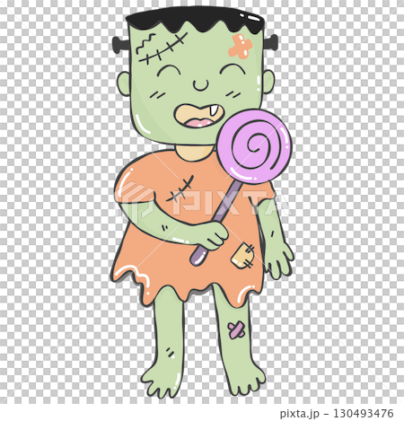 Cute zombie eating candy kawaii doodle hand drawn clipart illustrations  130493476