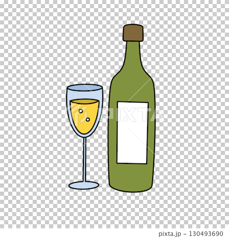 A bottle of wine and a wine glass are shown on a white background 130493690