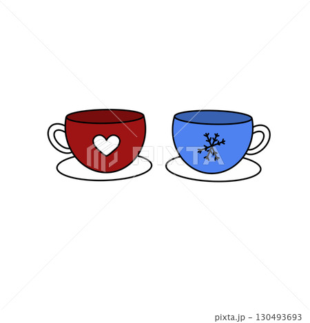 Two cups with hearts and snowflakes on them 130493693