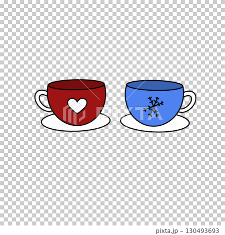 Two cups with hearts and snowflakes on them 130493693