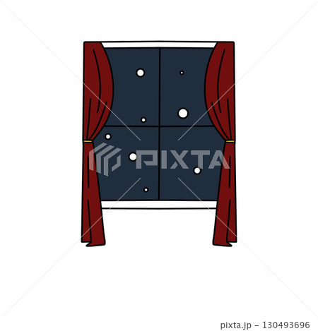 A window with red curtains and a blue sky with snowflakes 130493696