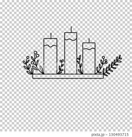 Three candles are lit and surrounded by leaves 130493715