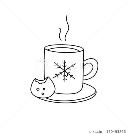 A cup of coffee with a snowflake design on it and a cookie on a plate A cup of coffee with a snowflake design on it and a cookie on a plate 130493866