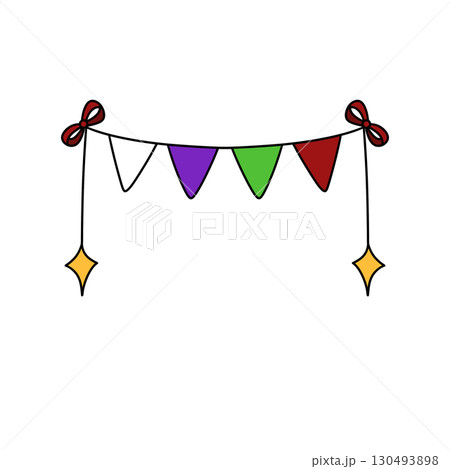 A colorful banner with a red bow hanging from it 130493898