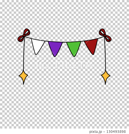 A colorful banner with a red bow hanging from it 130493898