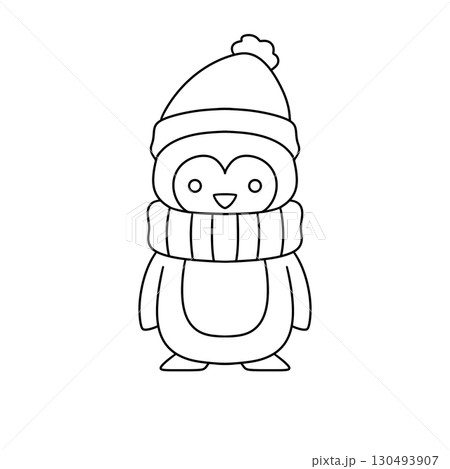 A penguin wearing a hat and scarf is standing on a white background 130493907