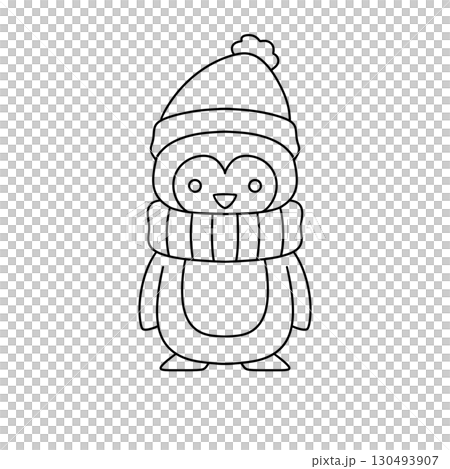 A penguin wearing a hat and scarf is standing on a white background 130493907