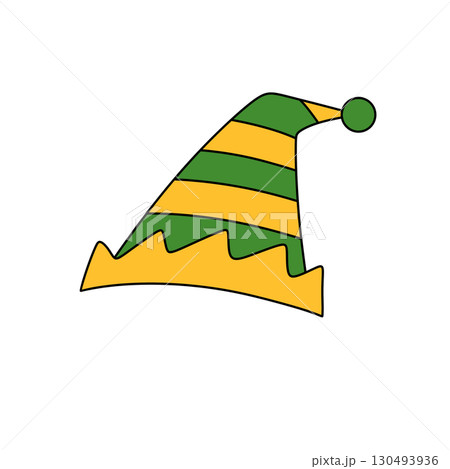 A green and yellow elf hat with a red tip A green and yellow elf hat with a red tip 130493936