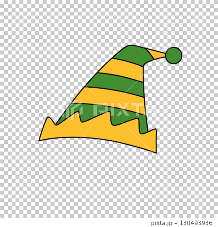 A green and yellow elf hat with a red tip A green and yellow elf hat with a red tip 130493936