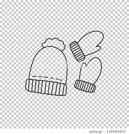 A hat and mittens are drawn in black and white 130493972