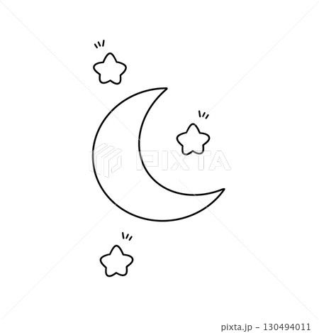 A black and white drawing of a crescent moon with three stars surrounding it A black and white drawing of a crescent moon with three stars surrounding it 130494011