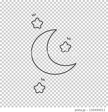 A black and white drawing of a crescent moon with three stars surrounding it A black and white drawing of a crescent moon with three stars surrounding it 130494011