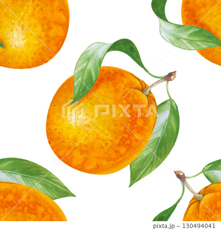 Seamless watercolor background with hand-painted oranges. Seamless pattern with bright fruits and green leaves on a white background. For tableware, textiles, packaging, wallpaper. Seamless watercolor background with hand-painted oranges. Seamless pattern with bright fruits and green leaves on a white background. For tableware, textiles, packaging, wallpaper. 130494041