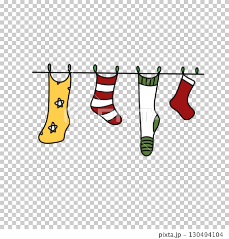 A line of socks hanging on a clothesline, including a yellow dress sock, a red 130494104
