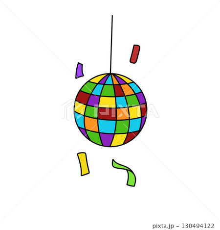A colorful disco ball with confetti falling from it 130494122