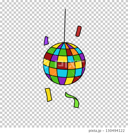 A colorful disco ball with confetti falling from it 130494122