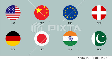 A collection of national flags and currency abbreviations for major world economies. 130494240