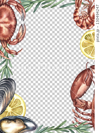 Vertical frame with shellfish, mussels, rosemary, and lemon slices. The illustration is hand-drawn in watercolor. Perfect for menus, recipe books, packaging, labels, and more. 130494247