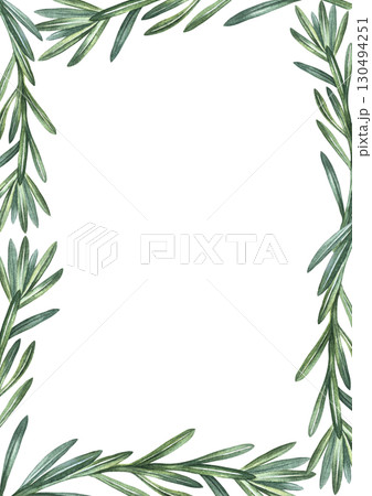 Vertical frame with sprigs of spicy rosemary. Hand-drawn watercolor illustration. Image of spicy greens. Perfect for menus, recipe books, packaging, labels, and more. Vertical frame with sprigs of spicy rosemary. Hand-drawn watercolor illustration. Image of spicy greens. Perfect for menus, recipe books, packaging, labels, and more. 130494251